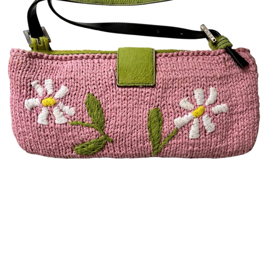 FENDI VINTAGE RARE Y2K Pink Knit Floral Green Cow Print Pony Hair Trim Baguette - Picture 6 of 16